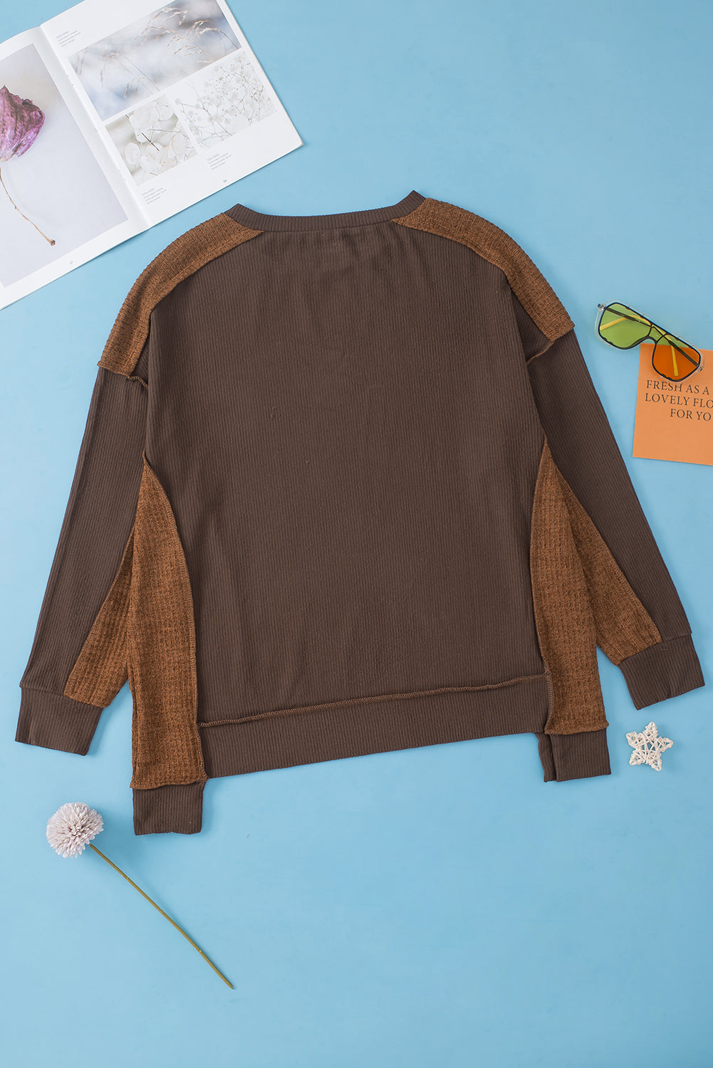 Brown Exposed Seam Patchwork Ribbed Knit Oversized Top