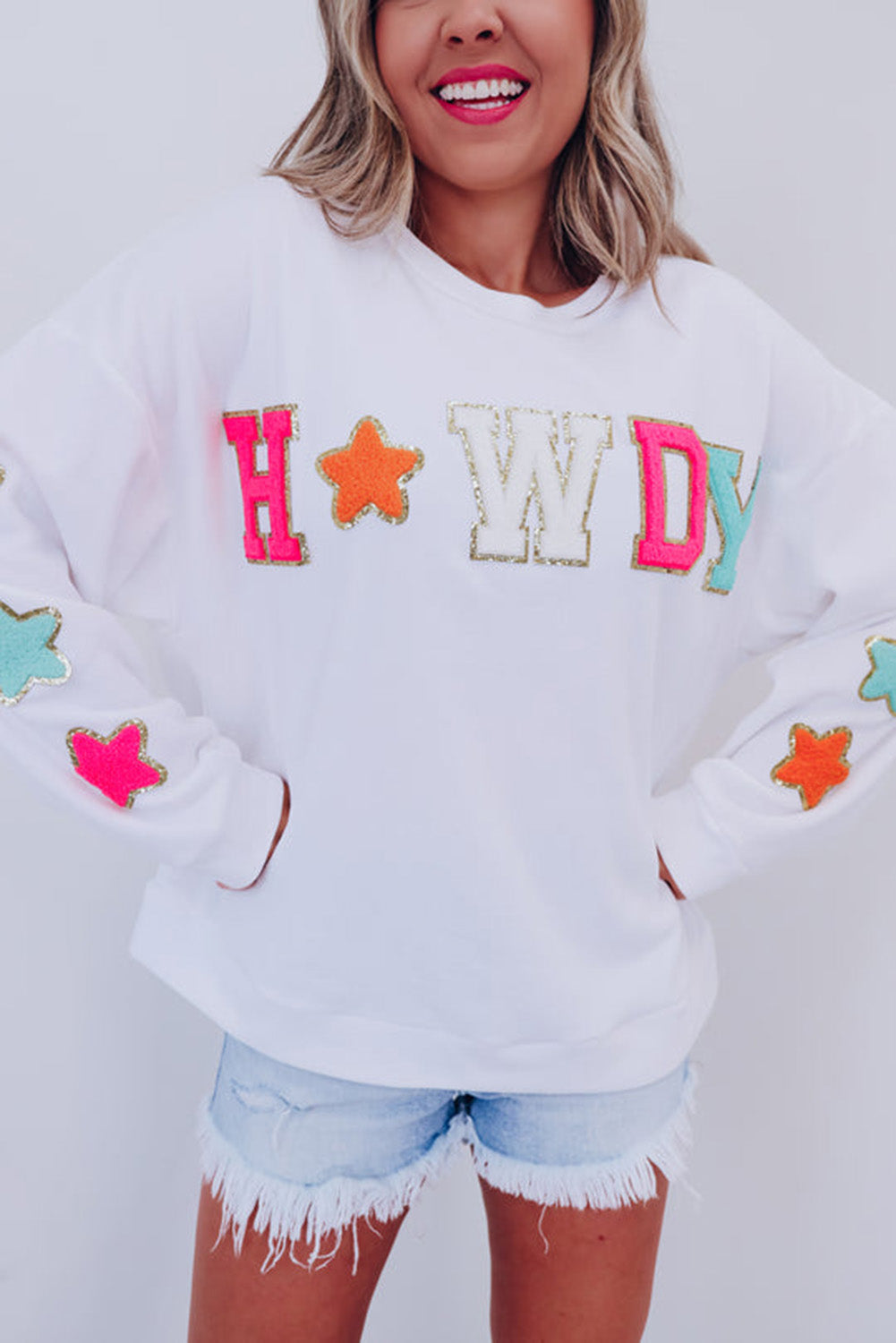 Sweat-shirt décontracté blanc à paillettes Howdy Patch graphique