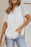 Jacquard Lace Crochet Contrast V Neck T Shirt