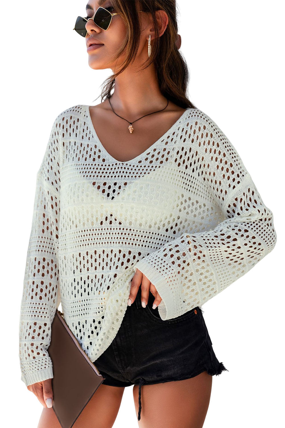 Hollow Out Crochet V Neck Pullover Sweater