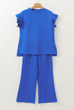 Dark Blue Ruffled Sleeve Summer Top and Cropped Loose Pants Set