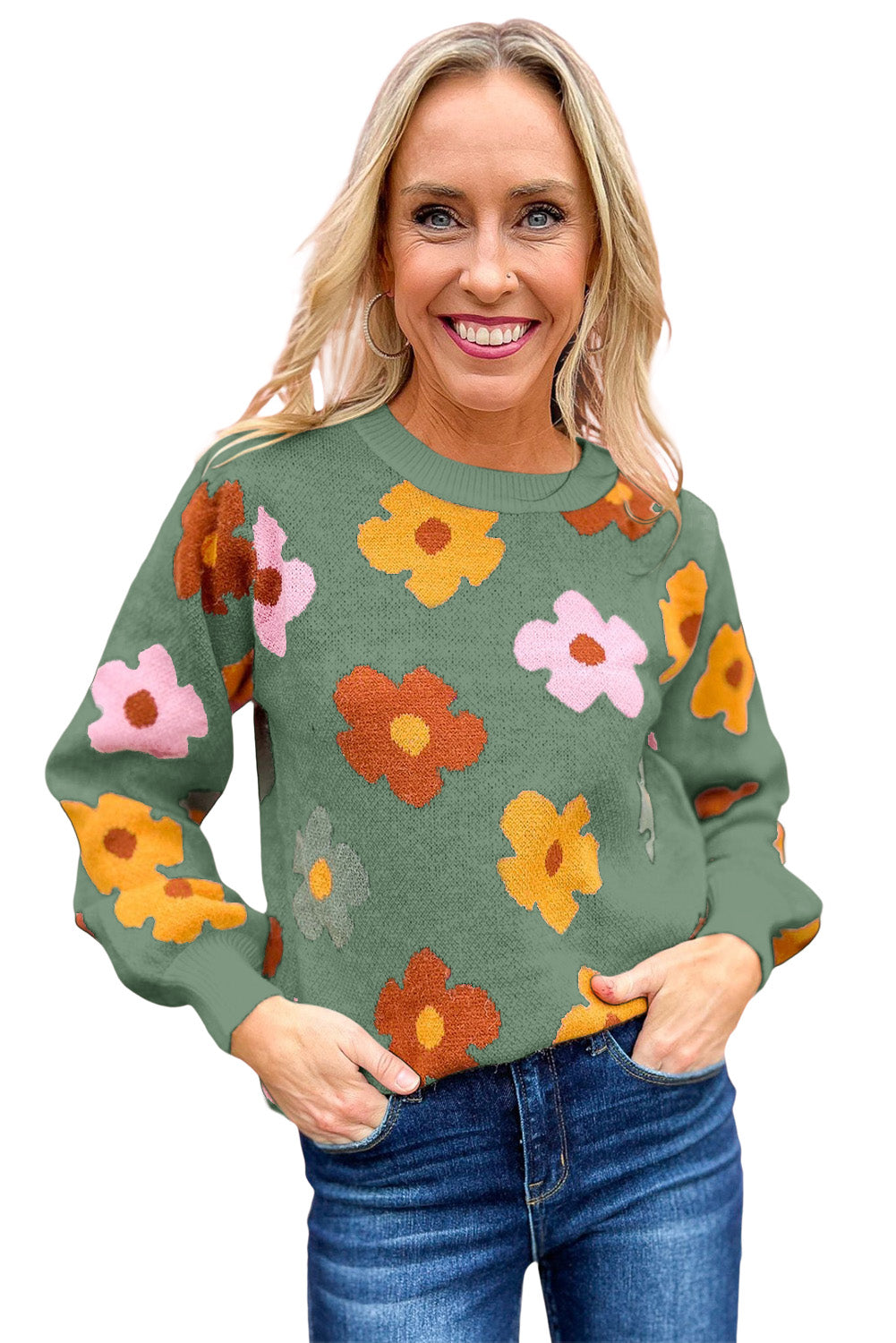 Sweet Flower Knitted Ribbed Hem Sweater