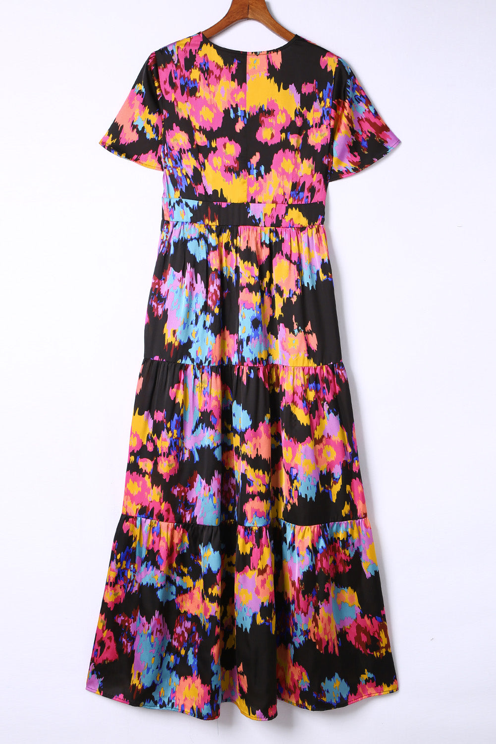 Robe longue à motif floral abstrait et manches flottantes à plusieurs niveaux noir