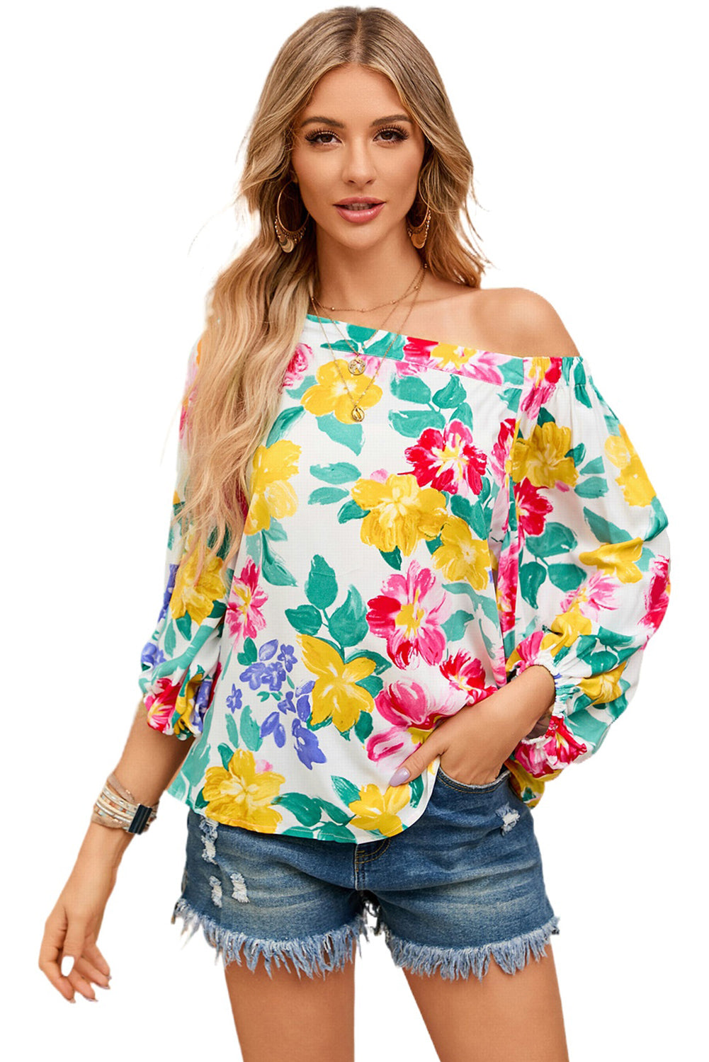 Colored Drawing Flowers Sexy Off Shoulder Top