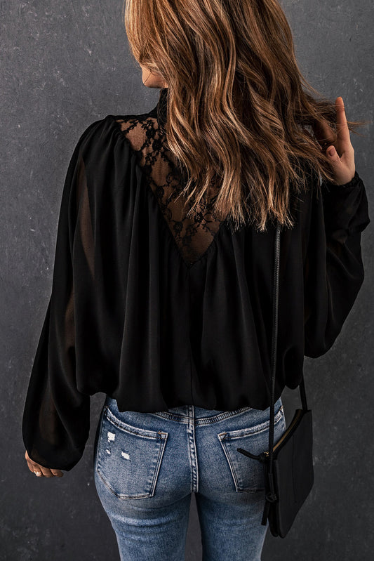 Lace Contrast Sheer Frilled Neck Blouse