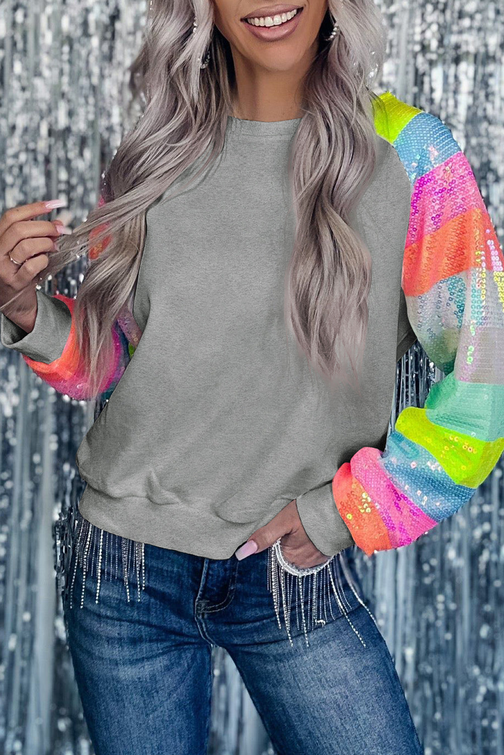 Sequin Color Block Raglan Sleeve Pullover Sweatshirt