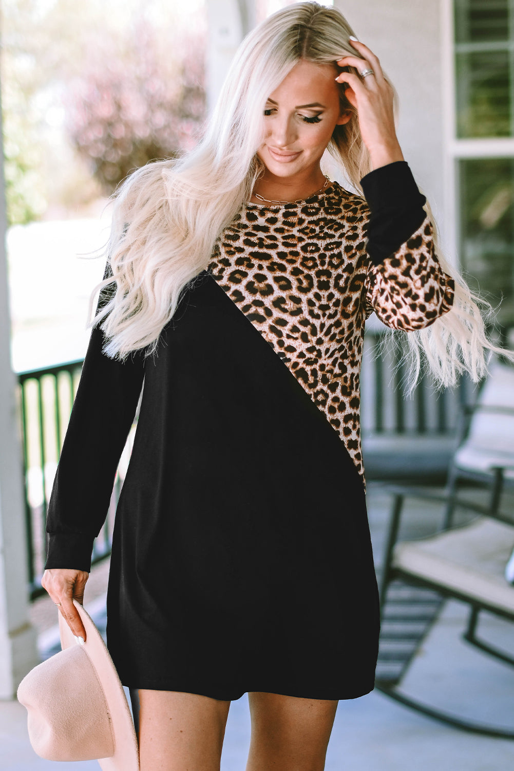 Asymmetric Cold Shoulder Leopard Colorblock Mini Dress