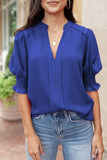 Solid Color Half Sleeve V Neck Blouse