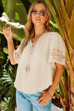 Tassel Drawstring Embroidered Half Sleeve V Neck Top