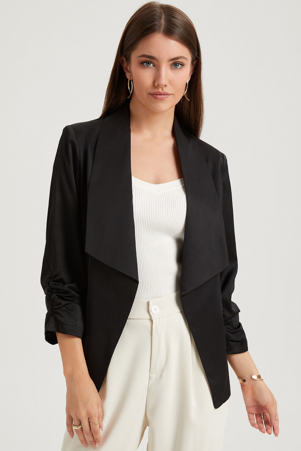 Solid Lapel Collar Satin Blazer