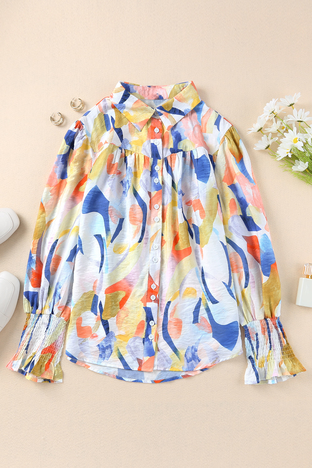 Collared Neckline Smocked Cuffs Printed Shirt