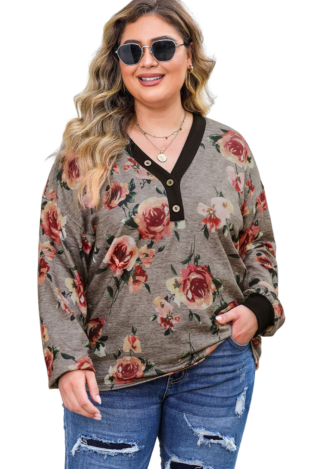 Floral Long Sleeve Plus Size Henley Top