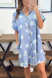 Sky Blue Stars Frayed Hem Collared Short Sleeve Denim Dress