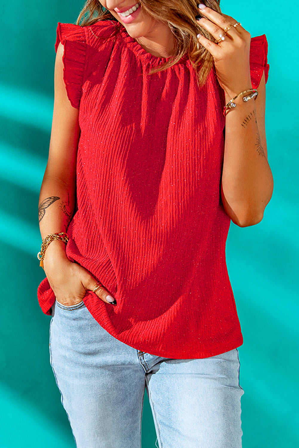 Ruffled Ribbed O-neck Sleeveless Top