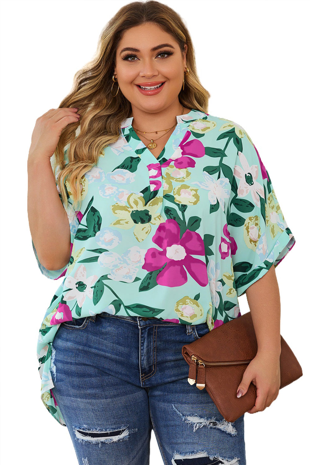 Flower Print Chest Pocket V Neck Blouse