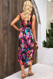 Abstract Floral Pattern Flutter Sleeve Tiered Maxi Dress