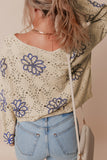 White Contrast Flower Print Eyelet Drop Shoulder Sweater