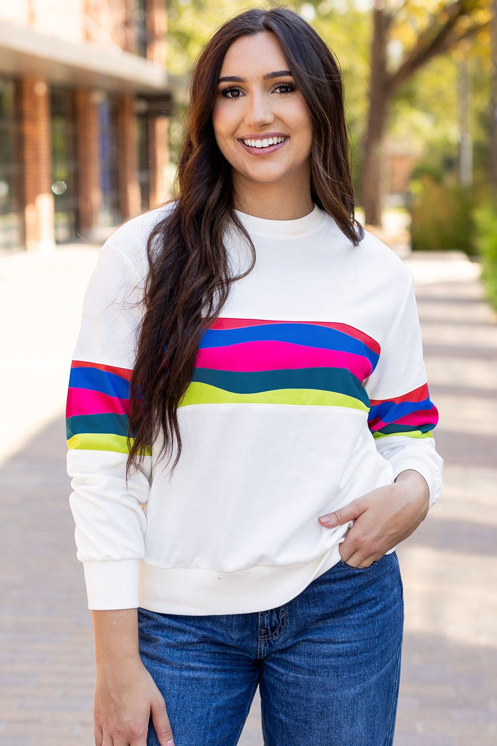 Green Colorful Striped Accent Long Sleeve T Shirt