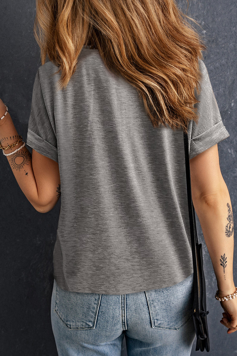 Button V Neck Rolled Sleeve T Shirt