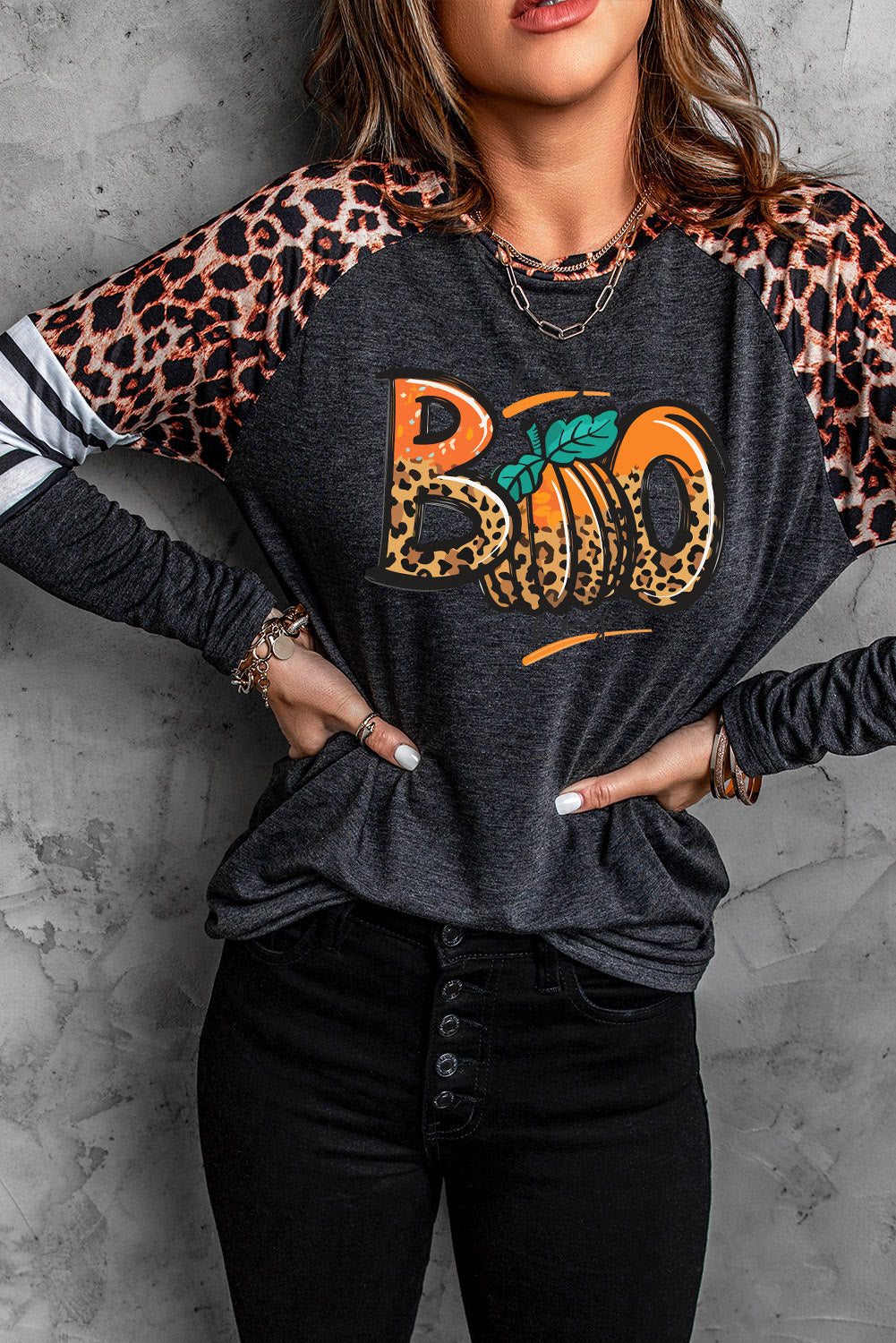 BOO Pumpkin Leopard Striped Long Sleeve T Shirt