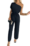 One Shoulder Puff Sleeve Elastic High Waist Jumpsuit