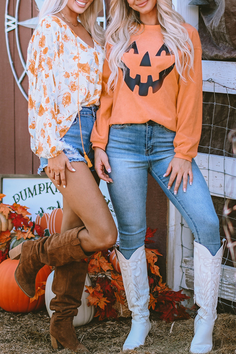 Orange Spooky Season Ghost Print Ribbed Pullover Sweatshirt