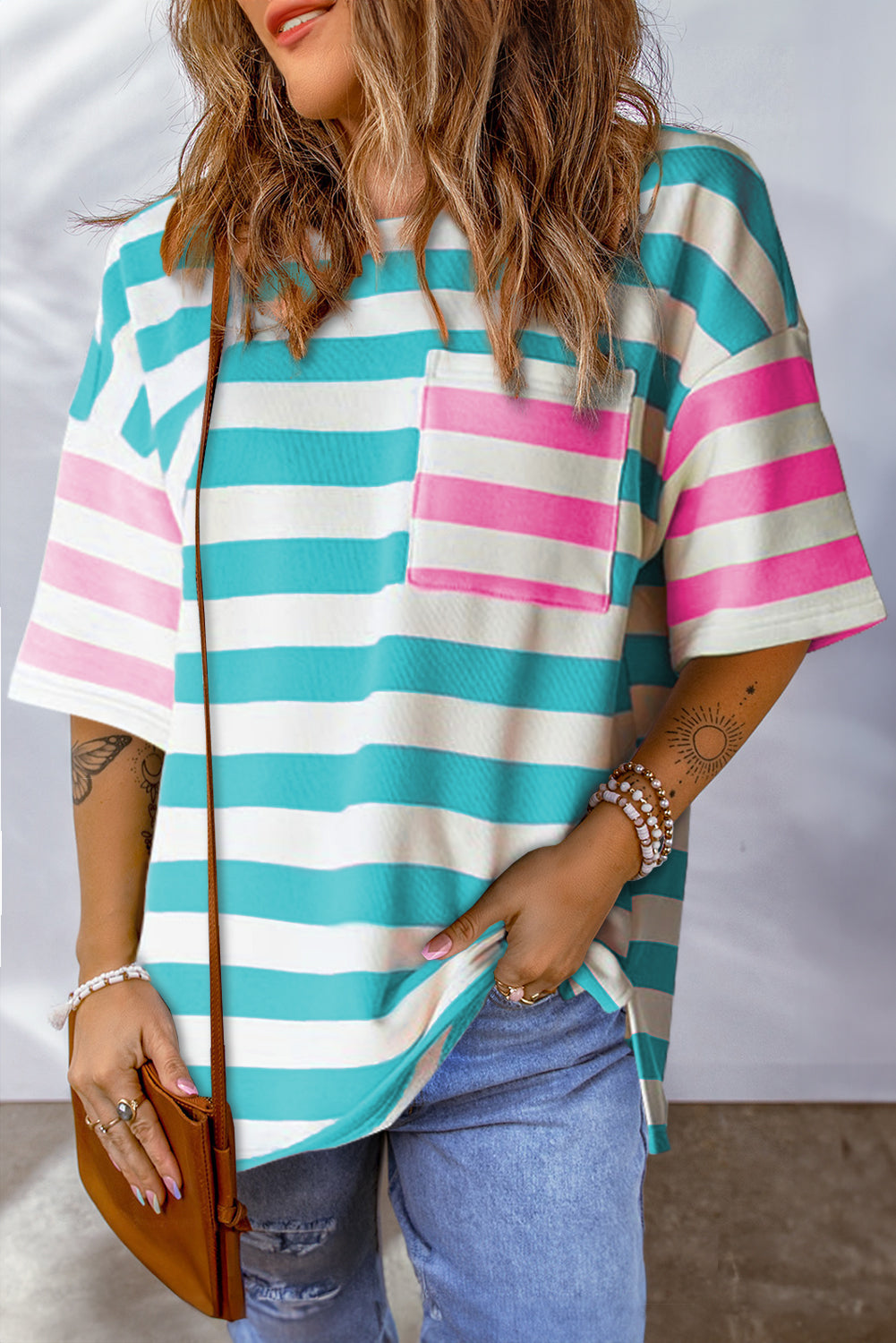 Pink Stripe Contrast Patch Pocket Drop Sleeve T Shirt