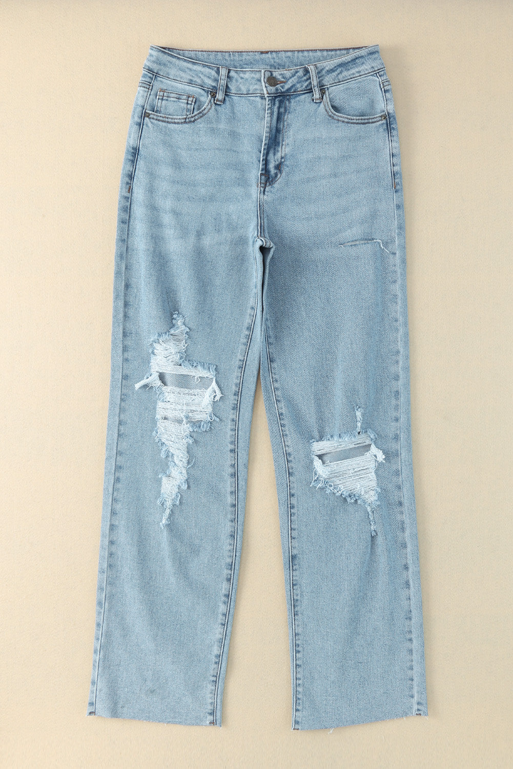 Distressed Frayed Hem Holed Straight Leg Loose Jeans