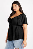 Haut babydoll noir froncé sur le devant de grande taille