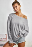 Gray V Cut Drawstring Back Waffle Knit Long Sleeve Top