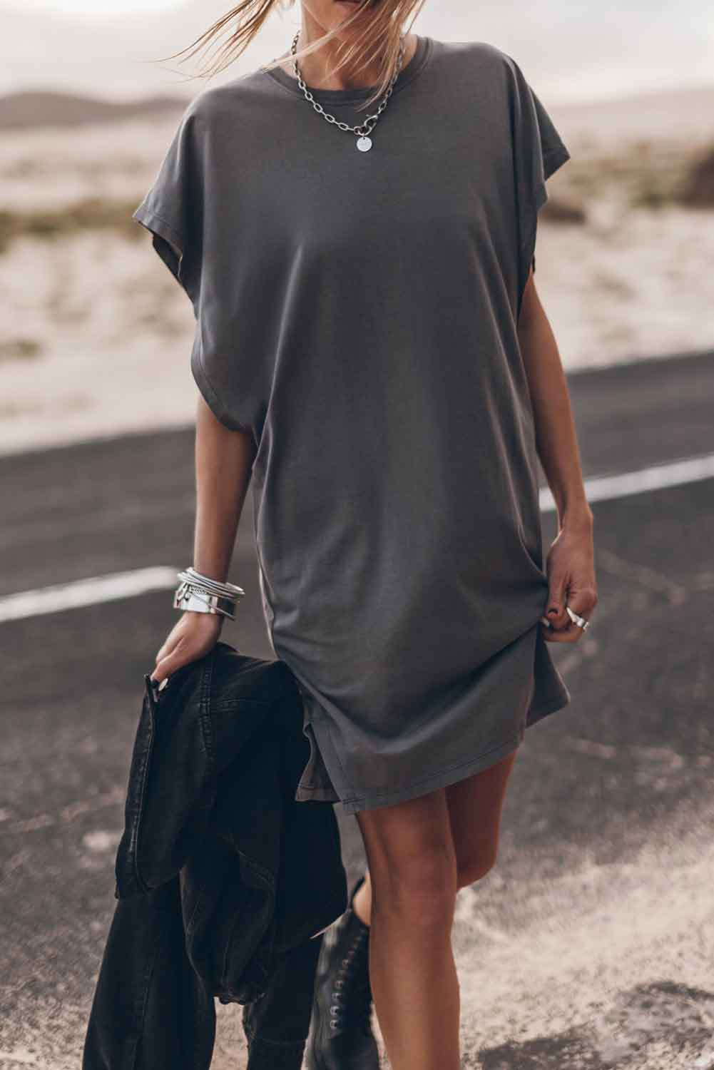 Bat Sleeve T-shirt Dress with Slits