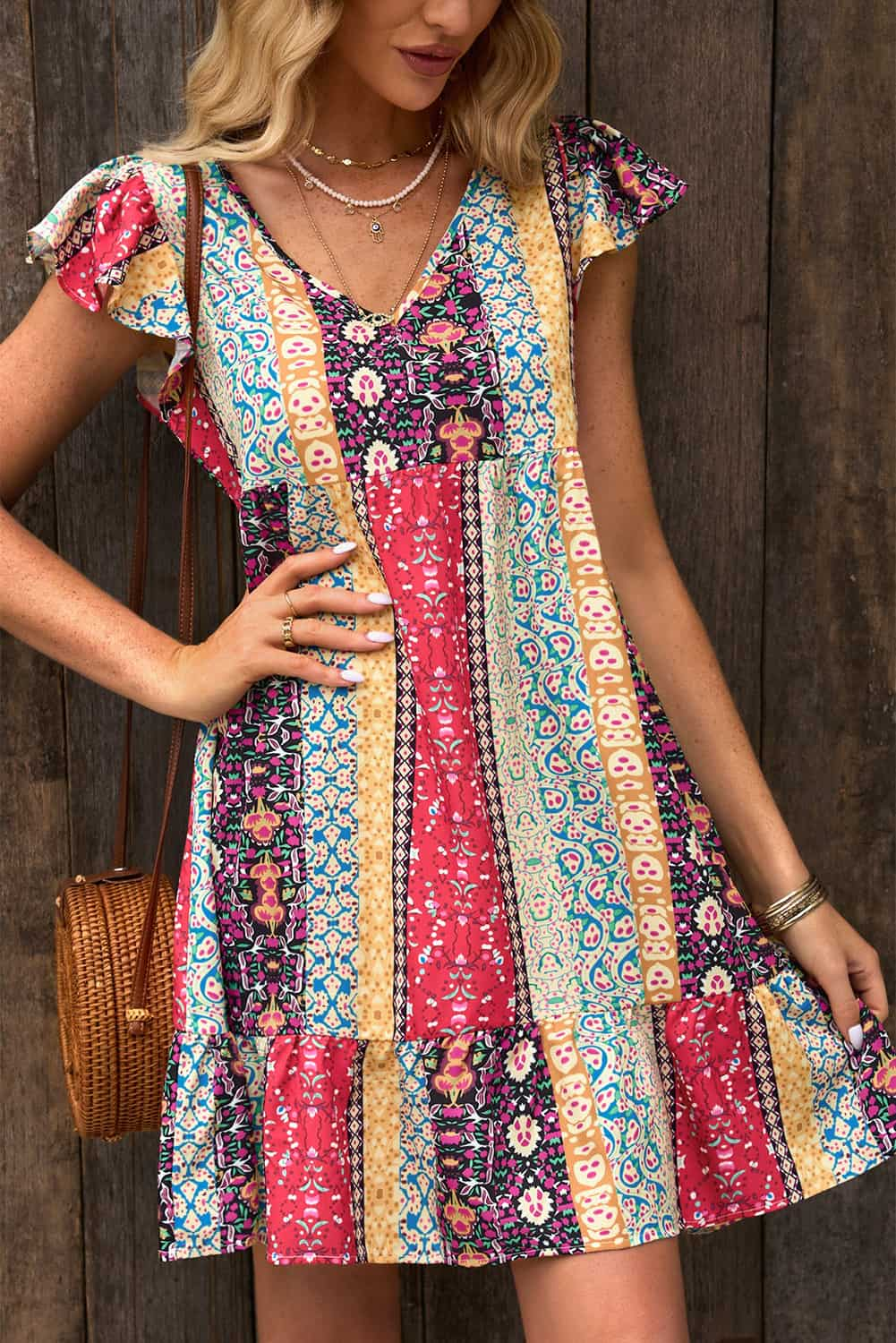 Floral Patchwork Print Flutter Sleeve Dress