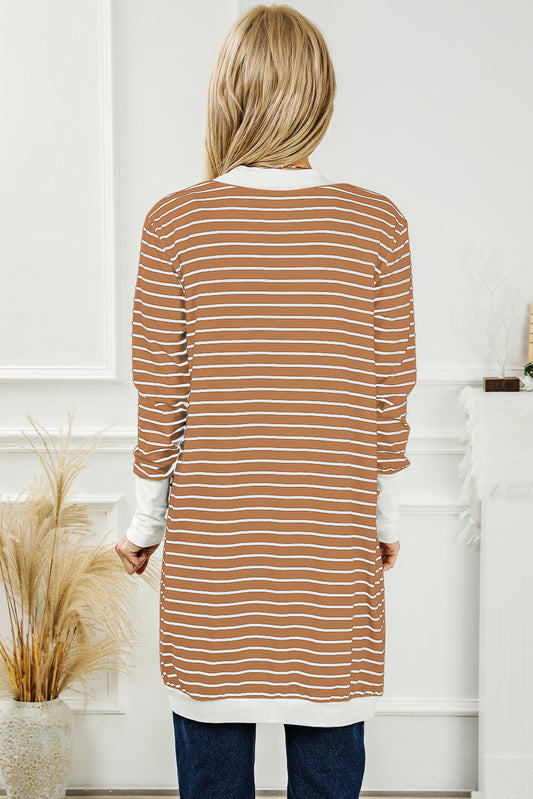 Striped Side Pockets Open Front Cardigan