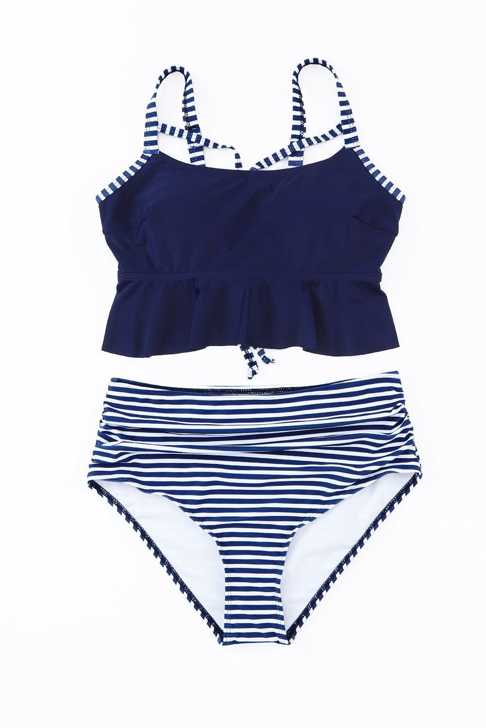 Cutout Ruffle Crop Top and Striped High Waist Bikini Set