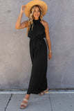 Halter Neck Pleated Wide Leg Jumpsuit with Belt