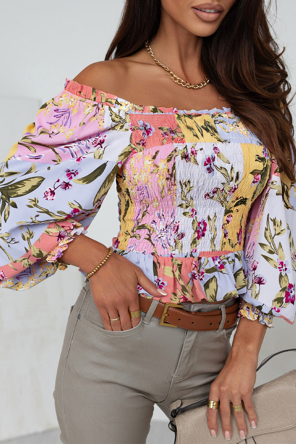 Smocked Floral Frilled Trim Square Neck Blouse