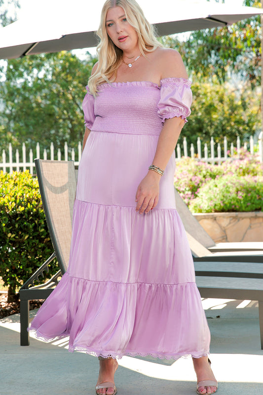 Ruffled Smocked Off Shoulder Plus Size Maxi Dress