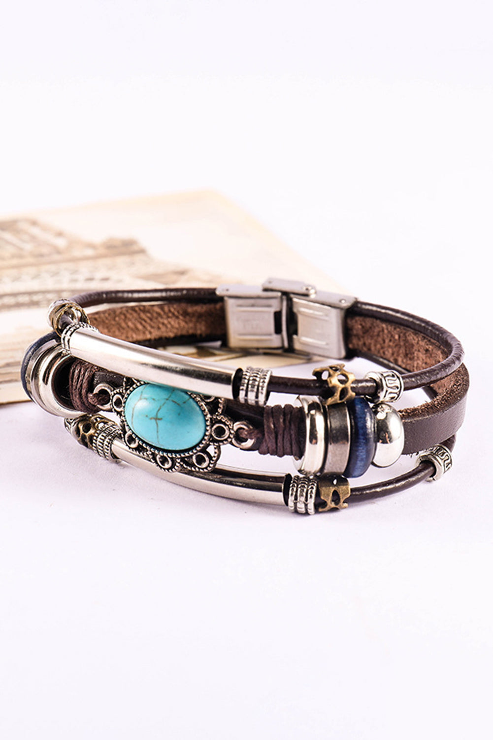 Bracelet multicouche en faux cuir turquoise