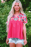 Strawberry Pink Geometric Embroidered Tassel Tie V Neck Blouse