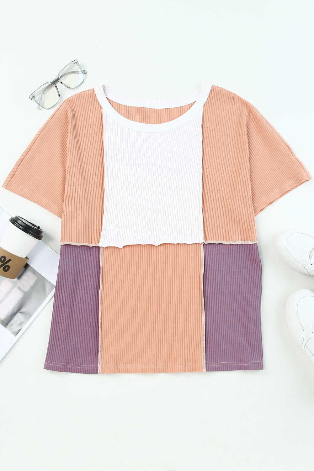 Colorblock Stitching Short Sleeve Rib Knit Top