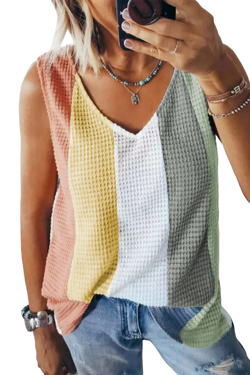 Color Block V-Neck Waffle Knit Tank Top