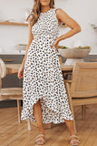 Robe midi haute et basse smockée léopard blanche