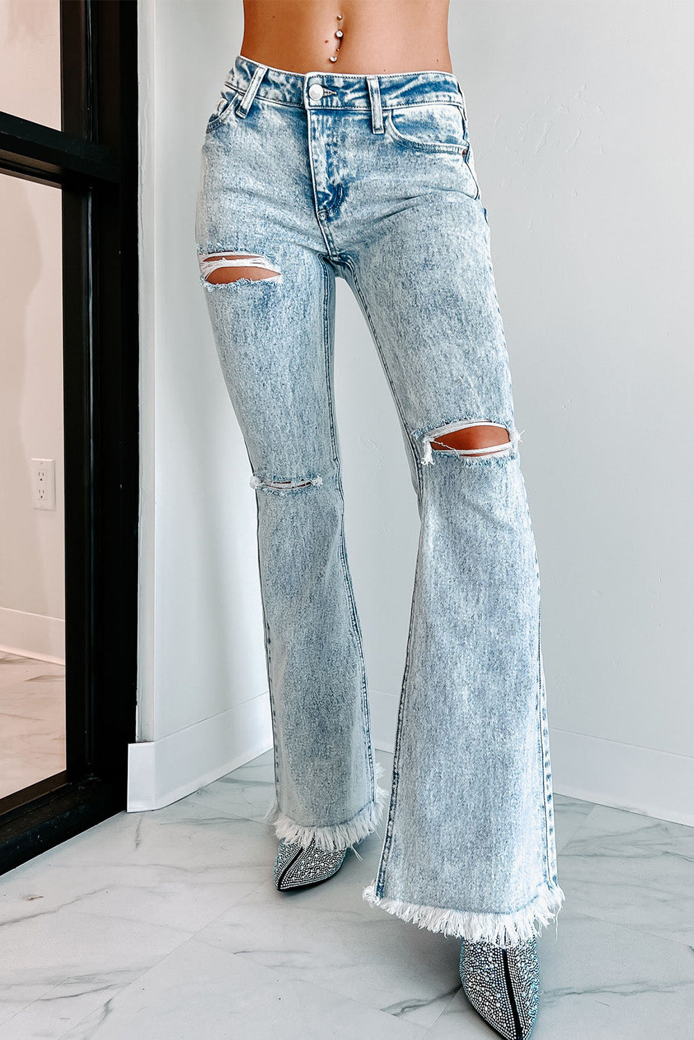 Distressed Acid Wash Flare Jeans