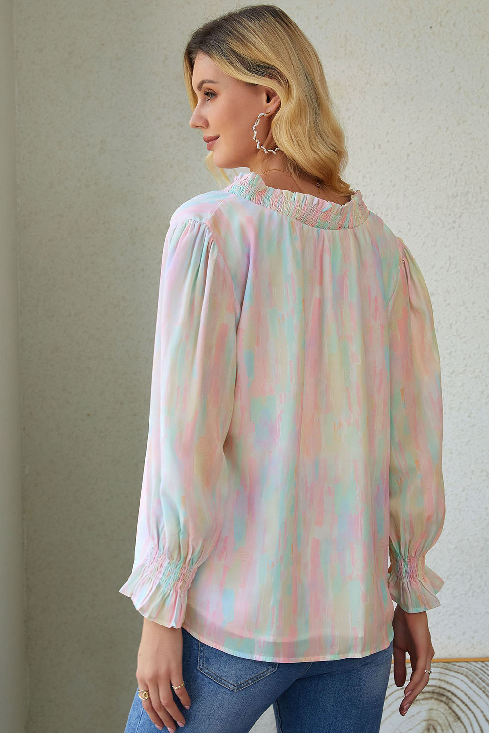 Abstract Print Frilled Buttoned Long Sleeve Shirt