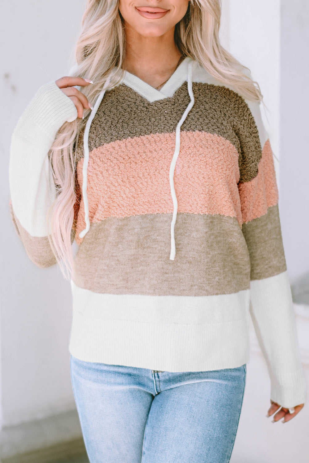 Color Block Knitted Drawstring Hooded Sweater