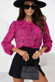 Leopard Print Pleated Blouse with Keyhole