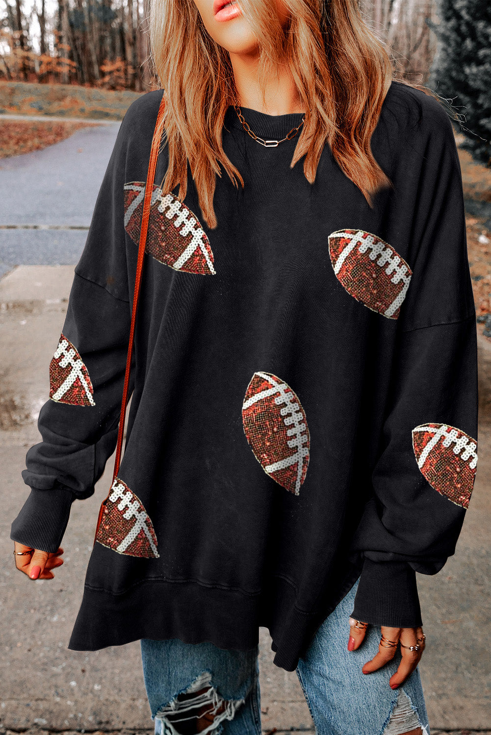 Black Sequined Rugby Graphic Open Back Sweatshirt