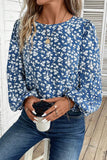 Blue Ditsy Floral Print Lantern Sleeve Blouse