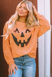 Orange Spooky Season Ghost Print Ribbed Pullover Sweatshirt