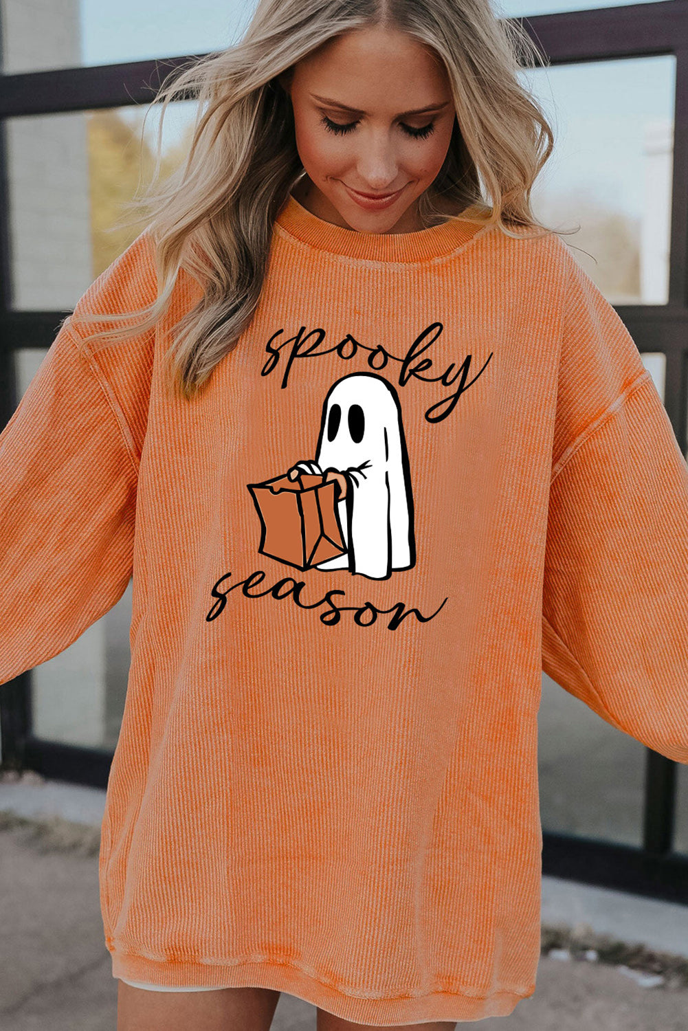 Orange Spooky Season Ghost Print Ribbed Pullover Sweatshirt